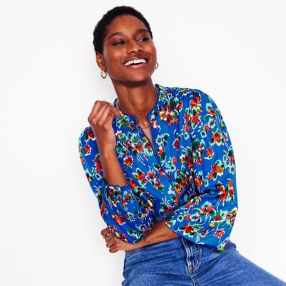 Boden Ara Long Sleeve Blouse Abstract Posy Floral Blue Women's Size 16-18 XL
